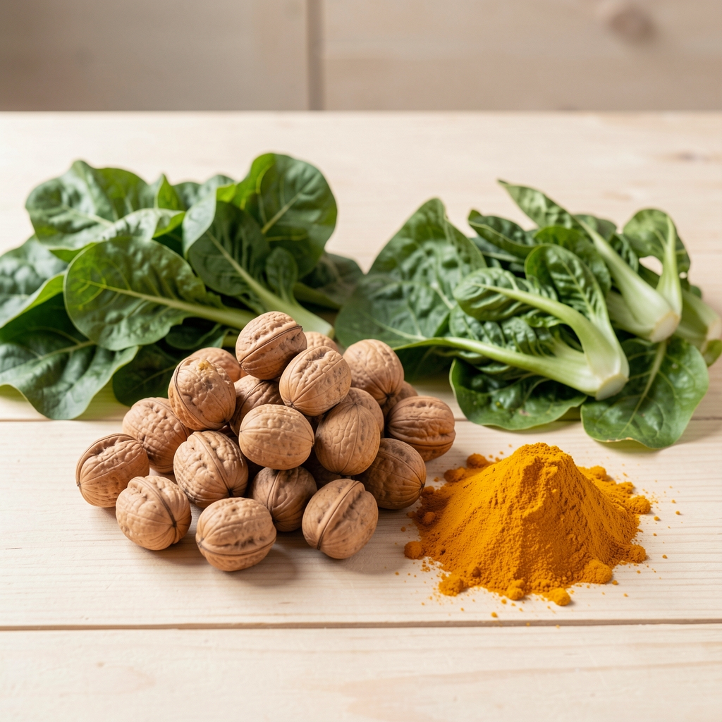 Frische Walnüsse und Blattgemüse auf hellem Untergrund, Tageslicht — Omega-3-reiche Zutaten für die neuropathiefreundliche Küche