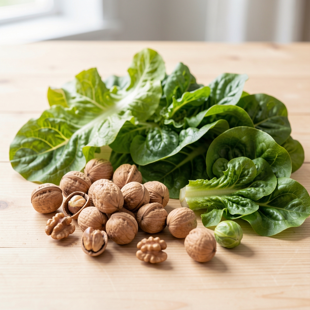 Frische Walnüsse und Blattgemüse auf hellem Holztisch, Tageslicht — antioxidantienreiche Zutaten für die neuropathiefreundliche Küche