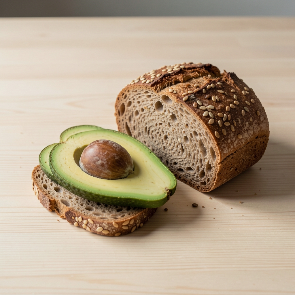 Vollkornbrot und Avocado auf hellem Holztisch, editoriale Aufnahme mit natürlichem Seitenlicht